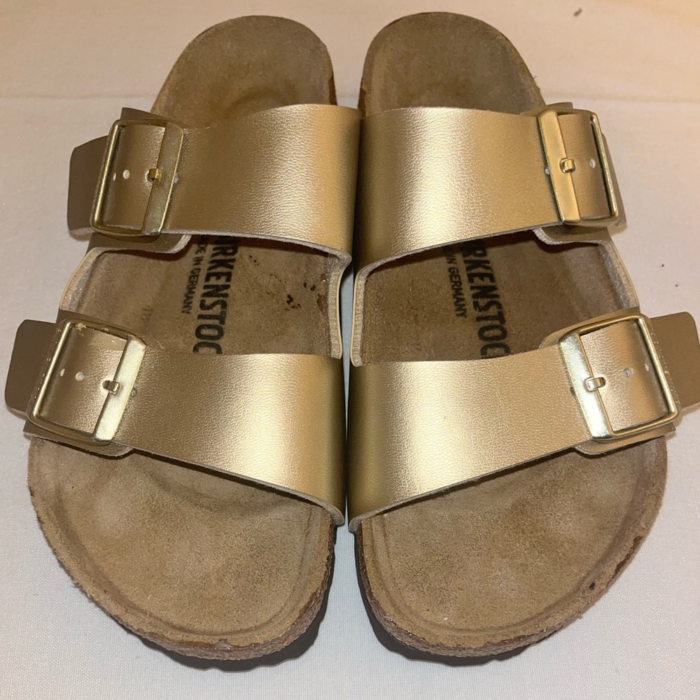 Birkenstock Arizona Suede Footbed Gold Metallic Sandals - Picture 3 of 6